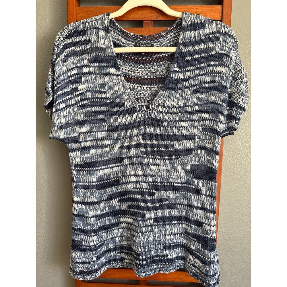 Eileen Fisher Sz MP Crochet Top Blue Short Sleeve. EUC